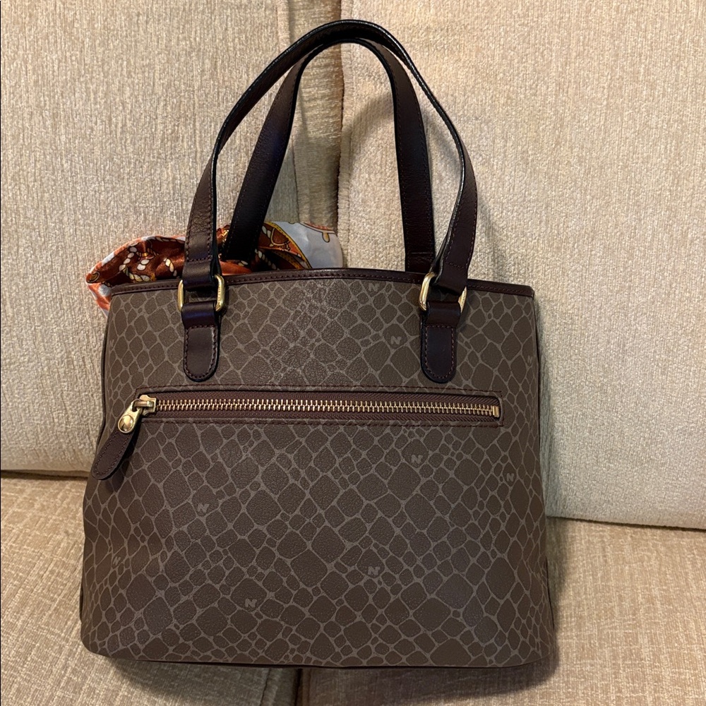 Nina Ricci Brown Tote with Orange Scarf Accent - Picture 3 of 9